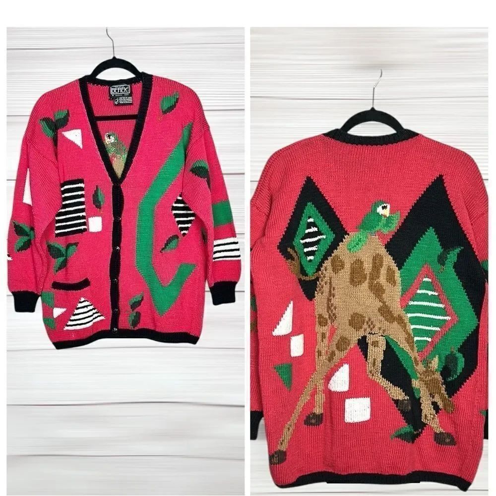 Berek 1988 Vintage Pink Cardigan Sweater Jungle Giraffe Hand Knit Pima Cotton L